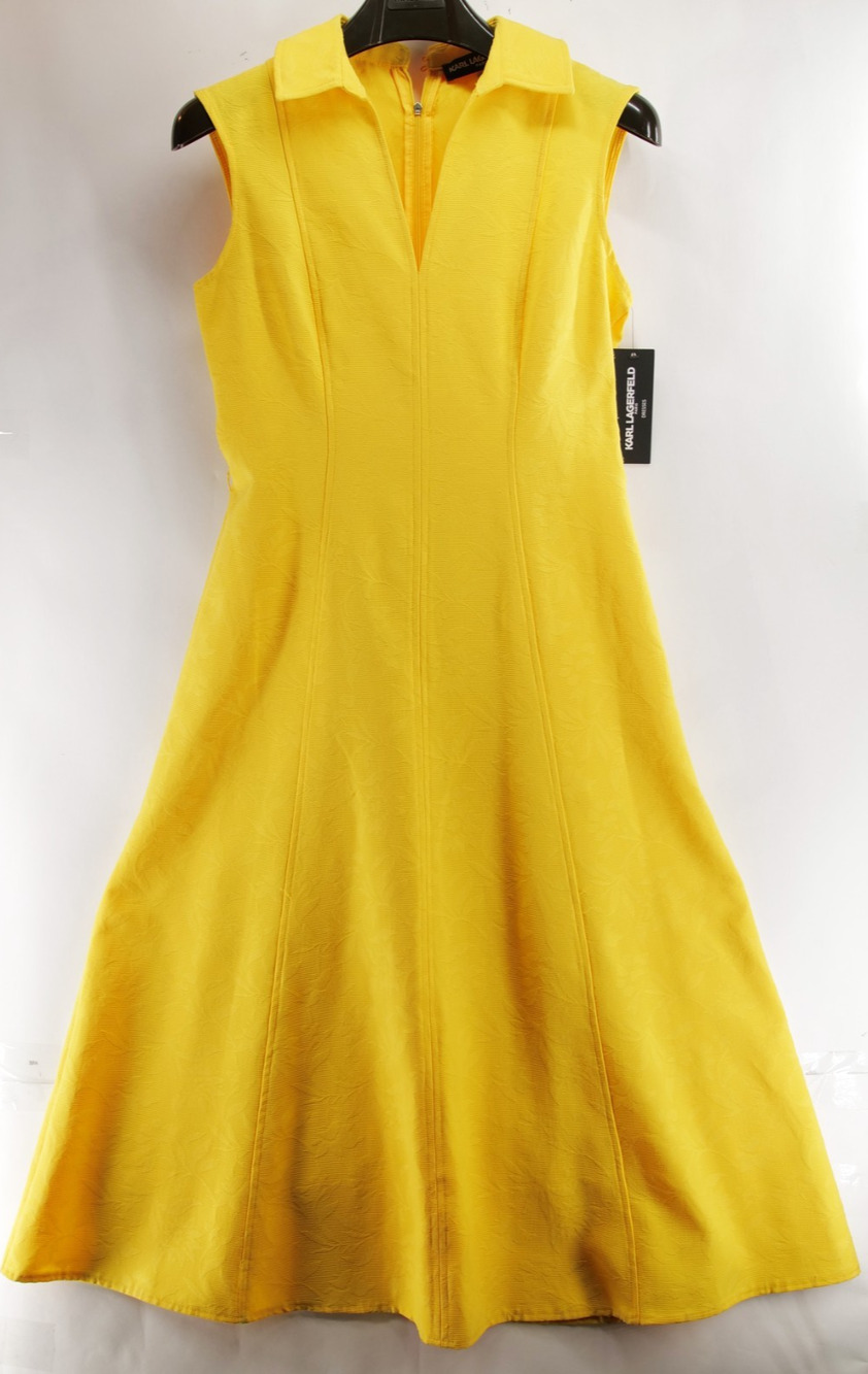 Karl Lagerfeld Paris Yellow Sleeveless V-Neck Collared Fit & Flare Dress 4 NWT